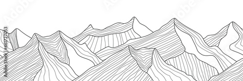 Black and white mountain line arts wallpaper, seamless border, imitation of mountain ranges, vector background, minimalism