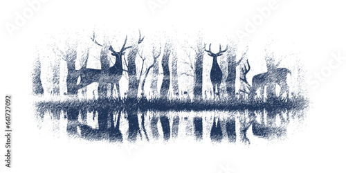 Forest and deer are reflected in the lake, vignette, vector sketch, imitation of a pencil drawing