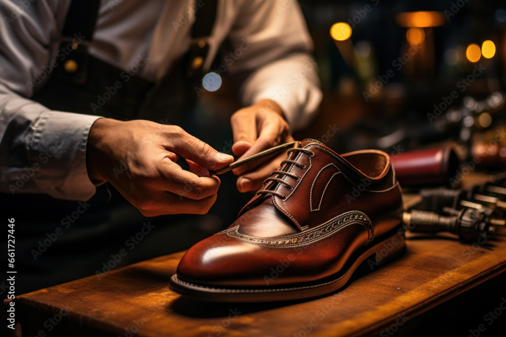 Shoemakers hands assembling fashionable mens leather shoes Shoemakers hands assembling fashionable mens leather shoes
