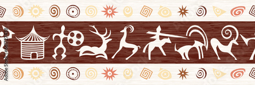 Ethnic seamless border on the theme of rock paintings, vector design, banner