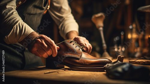 Shoemakers hands assembling fashionable mens leather shoes