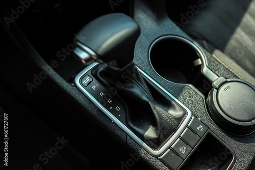 Selector automatic transmission with leather in the interior of a modern expensive car