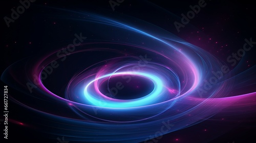 Dark background with a circle and colorful streaks, evoking a retro-futuristic vibe and infinite space, in light indigo and magenta hues