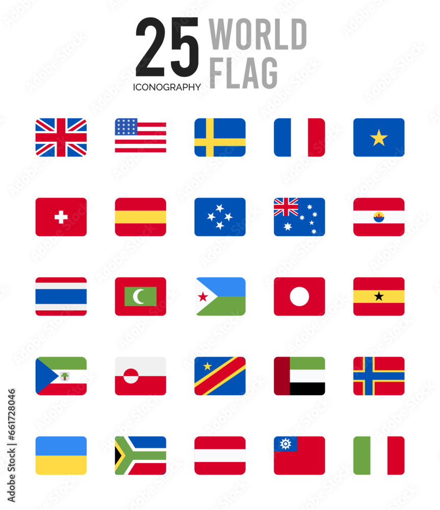 25 World Flags Rounded Square . icons Pack. vector illustration. 25 World Flags Rounded Square . icons Pack. vector illustration.