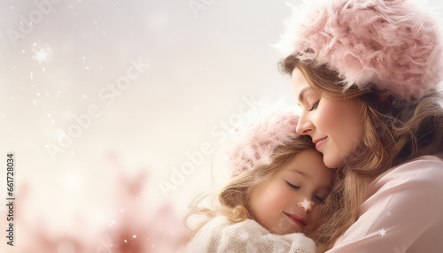 portrait of Mother and daughter in pink clothes