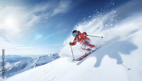 A skier descends from the mountains with a splash of snow on a sunny day