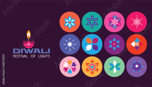 Traditional Indian festival Diwali. Happy Festival of lights Deepavali Template  banner, poster, greeting card Festive Burning diya graphic design background Vector abstract flat illustration