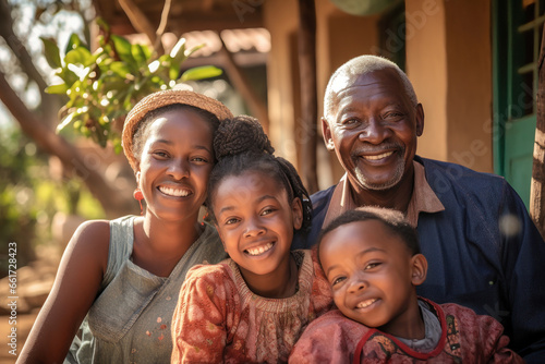 African American family together. Family photo of grandfather, with children and small grandchildren. Children and grandchildren visit elderly parents. Family values. Caring for the elderly.
