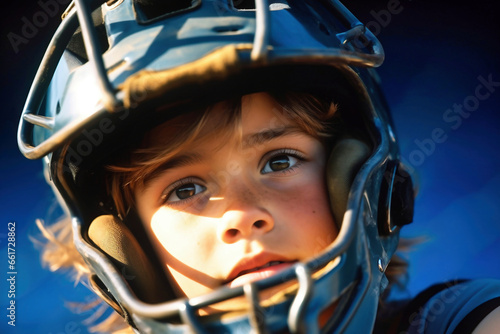 Photo of a young child wearing a protective baseball helmet © Anoo