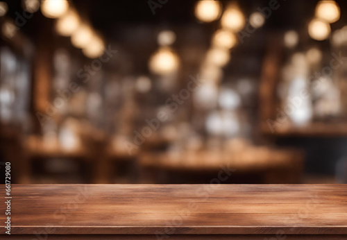 Wooden Table with Lights, Bokeh Glow on Wooden Tabletop in Restaurant