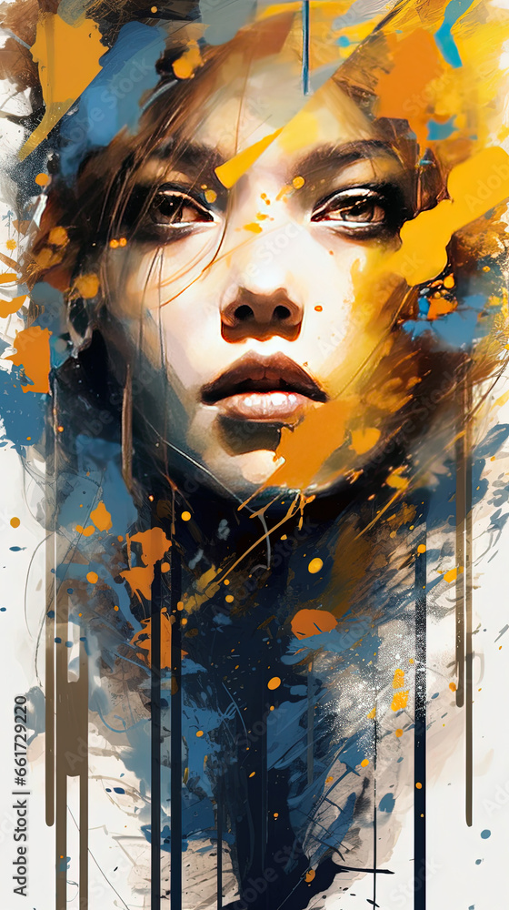 Liquid Oil Painting in Oil Mixed Style Yellow Color Brush Stroke of Beautiful Young Girl Face Vibrant Abstract Art