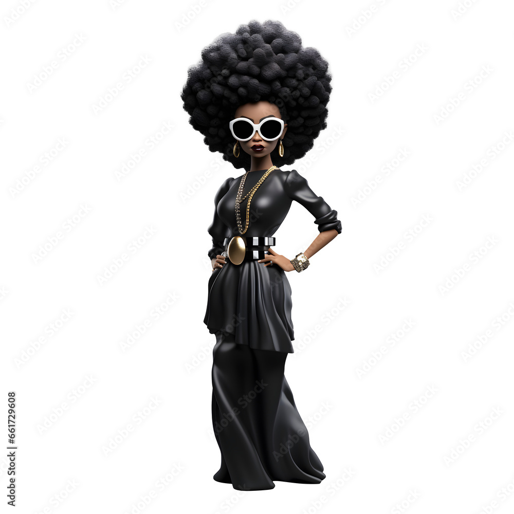 3D cartoon character afro hair woman model in black dress fashion glamour trendy and colour sunglasses, Full body Standing Posing idea concept design, isolated on white background
