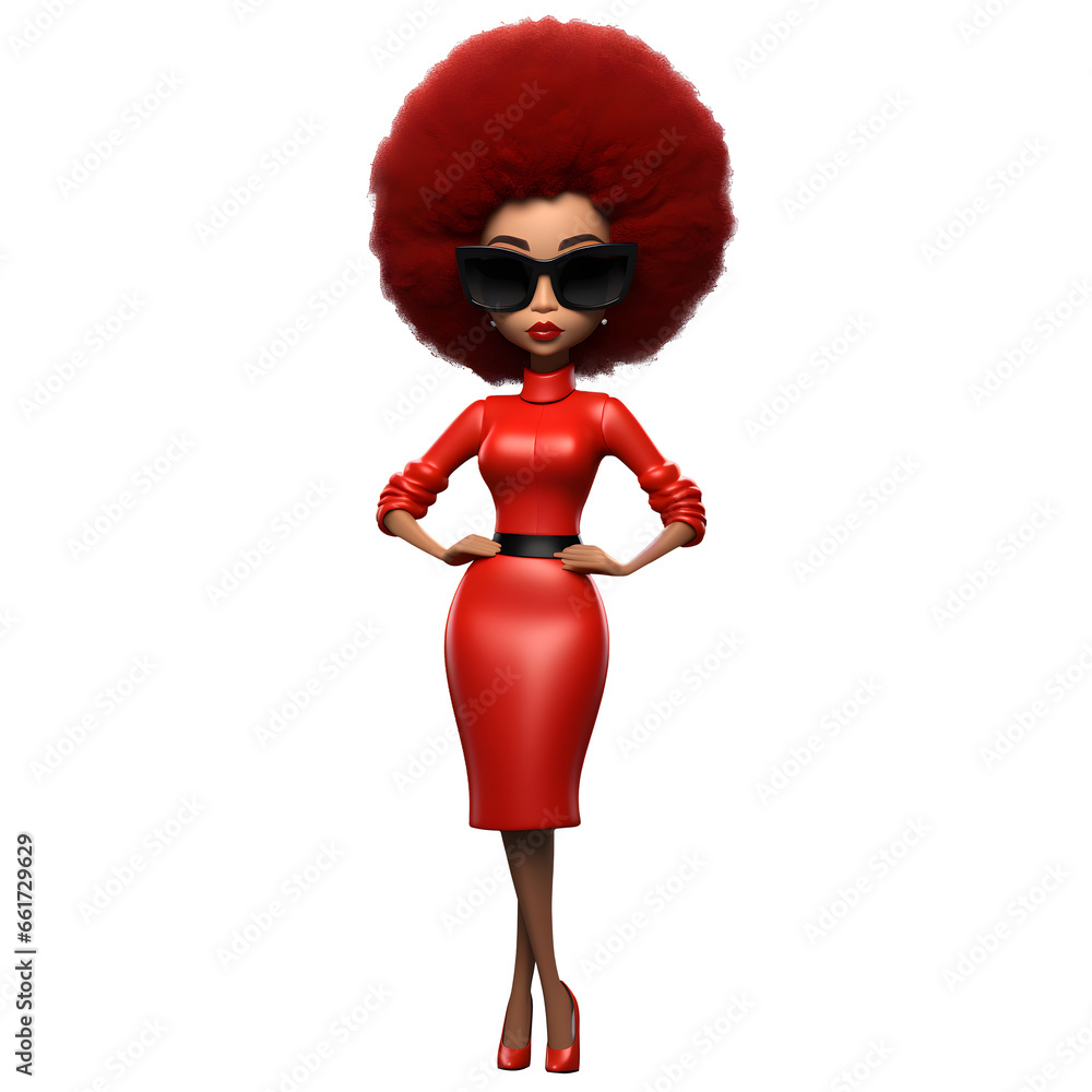 3D cartoon character afro hair woman model in red dress fashion glamour trendy and colour sunglasses, Full body Standing Posing idea concept design, isolated on white background