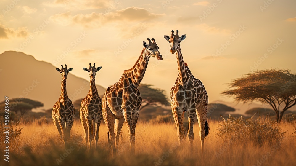 two giraffe standing in the savannah in the wild. - obrazy, fototapety, plakaty 