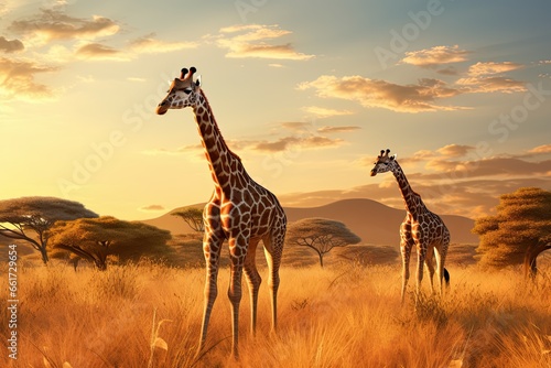 two giraffe standing in the savannah in the wild.
