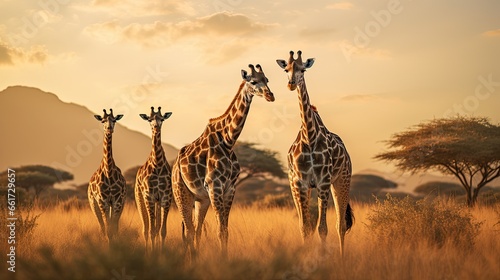 two giraffe standing in the savannah in the wild. photo