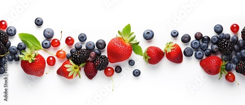 Variety of fresh berries, including strawberries, raspberries, blueberries, blackberries, and red currants on a white background. The berries are ripe and juicy, with bright colors and a glossy sheen.