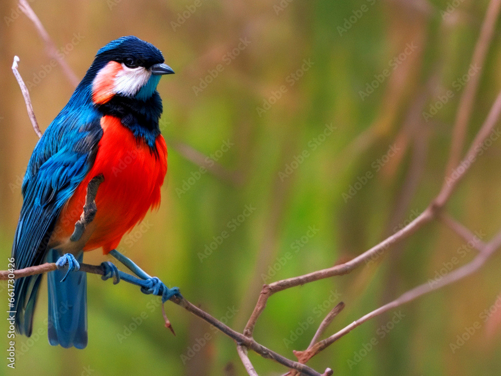 A colorful bird sits on a branch in the forest with bur background 