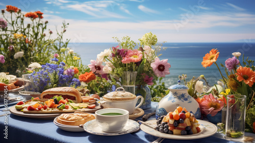 A table full of food with a view of the ocean