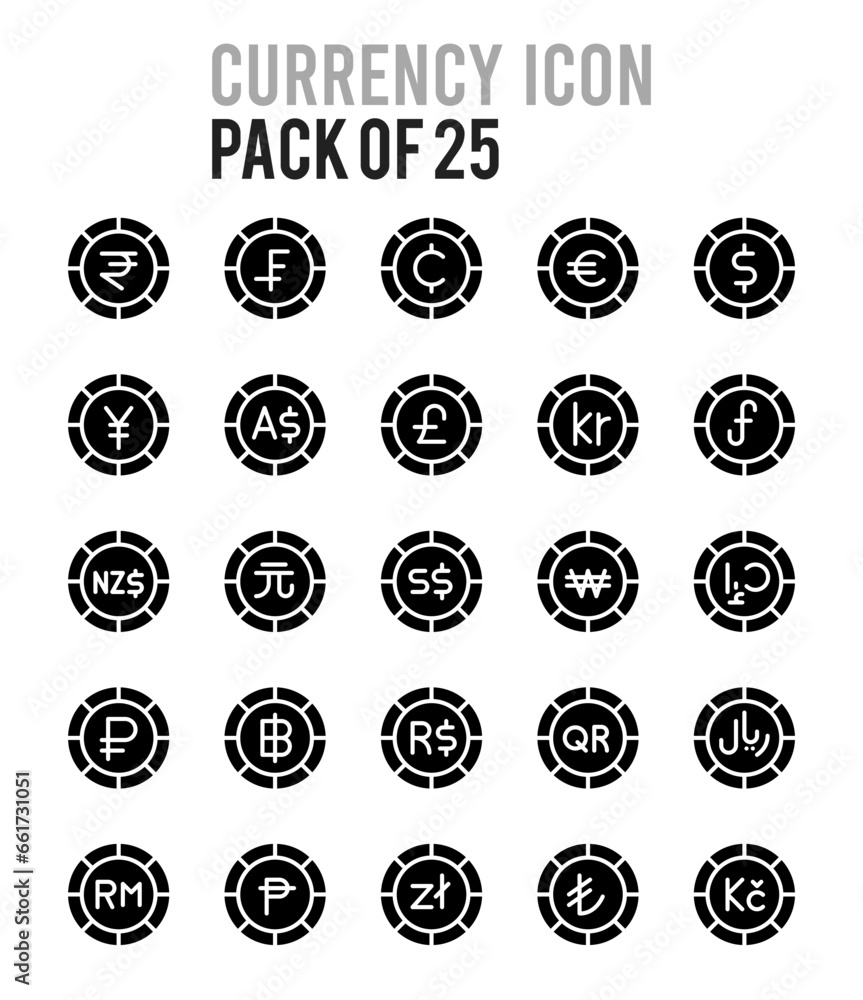 25 Currency Coin Glyph icon pack. vector illustration. 25 Currency Coin Glyph icon pack. vector illustration.