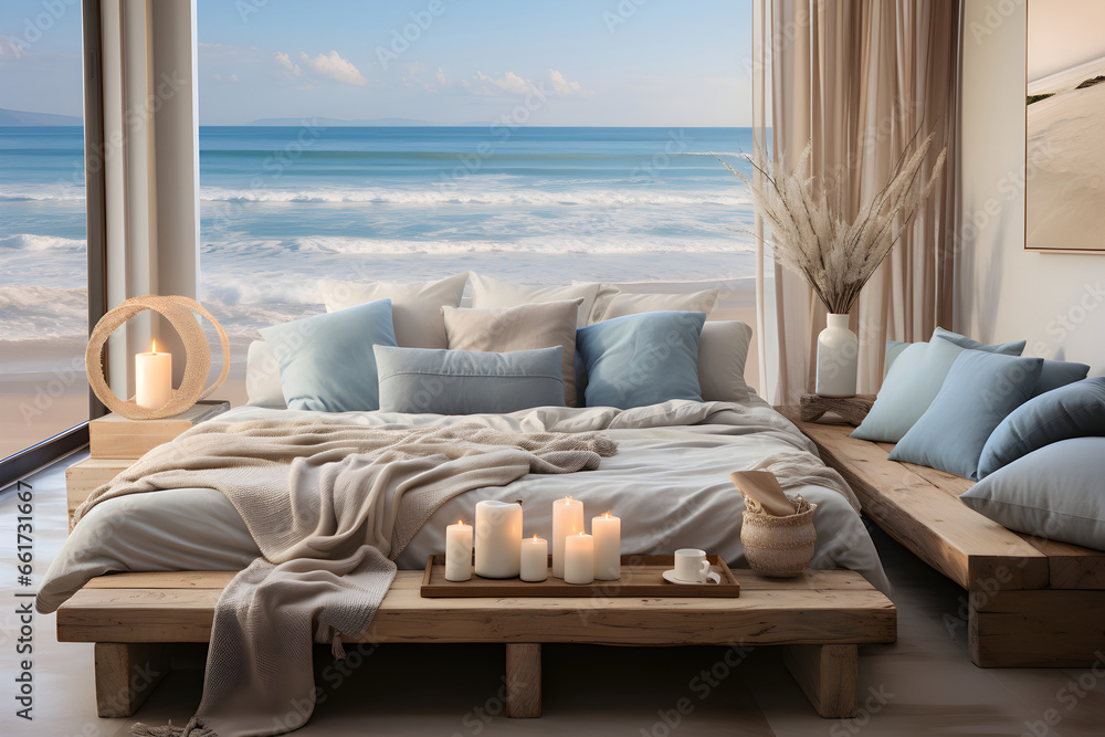  A bedroom with soft grays, muted blues, and touches of seashell white. Diffused light creates a relaxing coastal retreat.