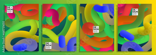 abstract 3D worm flow neon color cover background, poster design set.