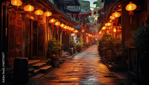 Asian lanterns in city, Chinese New Year concept