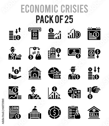 25 Economic Crisies Glyph icon pack. vector illustration.