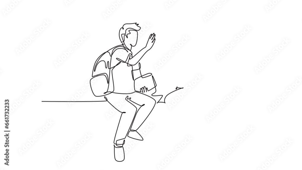 Self drawing animation of single line draw happy couple man and woman student sitting at chair after class, giving high five gesture. Relationship concept. Continuous line draw. Full length animated Self drawing animation of single line draw happy couple man and woman student sitting at chair after class, giving high five gesture. Relationship concept. Continuous line draw. Full length animated