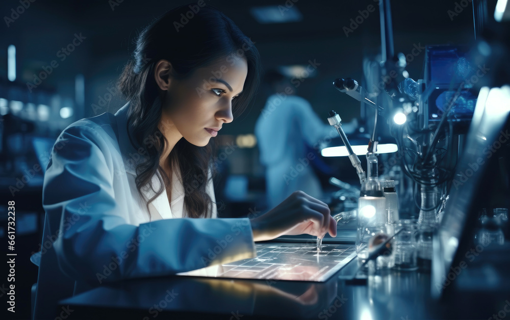 Female scientist working with microscope in laboratory. Medical research and development concept. Female scientist working with microscope in laboratory. Medical research and development concept.