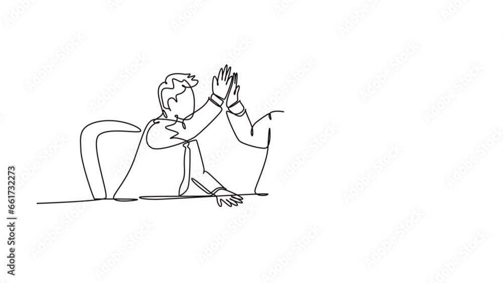 Self drawing animation of single line draw businessmen celebrating their successive target at business meeting with high five gesture. Business deal concept. Continuous line draw. Full length animated Self drawing animation of single line draw businessmen celebrating their successive target at business meeting with high five gesture. Business deal concept. Continuous line draw. Full length animated