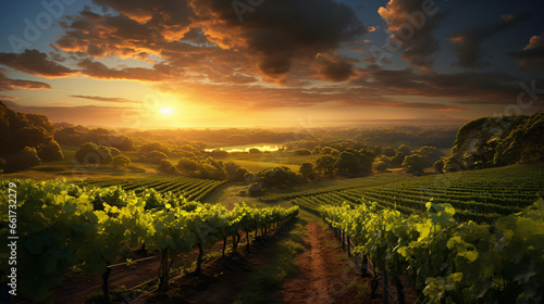 A vineyard with a sunset in the background