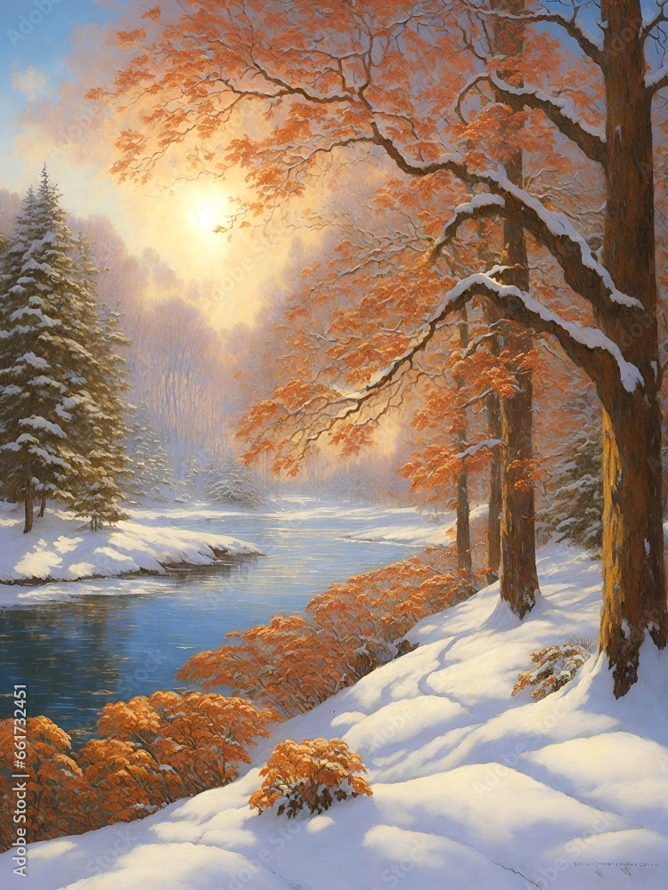 winter landscape, autumn, trees, forest, sunset, water, stream, river, snow,