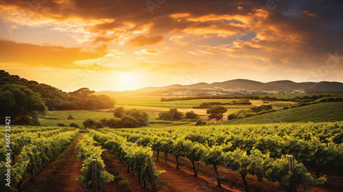 A vineyard with a sunset in the background
