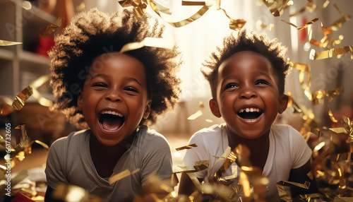 Two black African children received a gift, the concept of Christmas and New Year photo