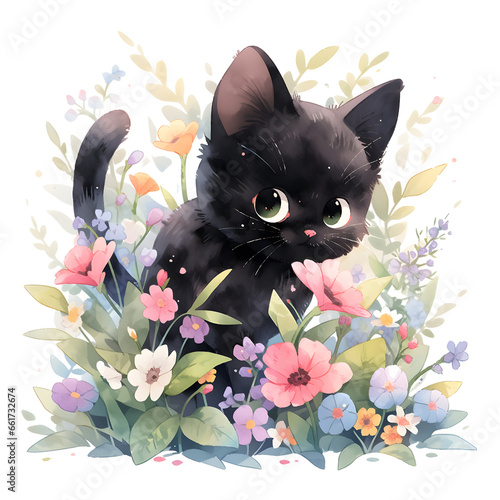 black cat and flower, watercolor illustration