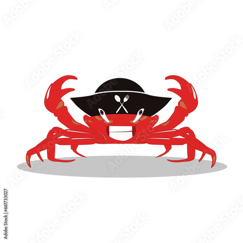 Red crab with black hat pirate, Icon crab pirate, seafood restaurant logo, pirate crab mascot