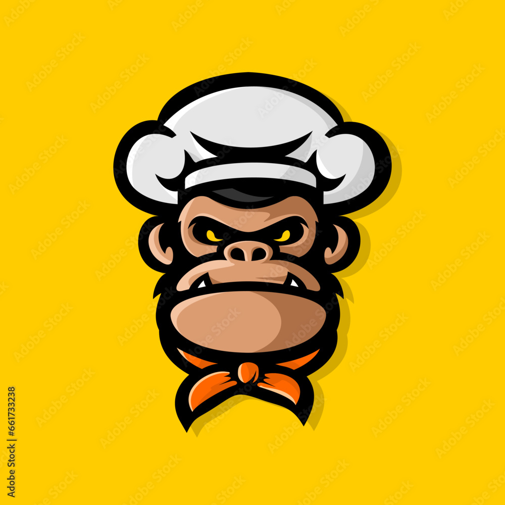 monkey chef logo, the monkey character wears a chef's hat and a tie around his neck