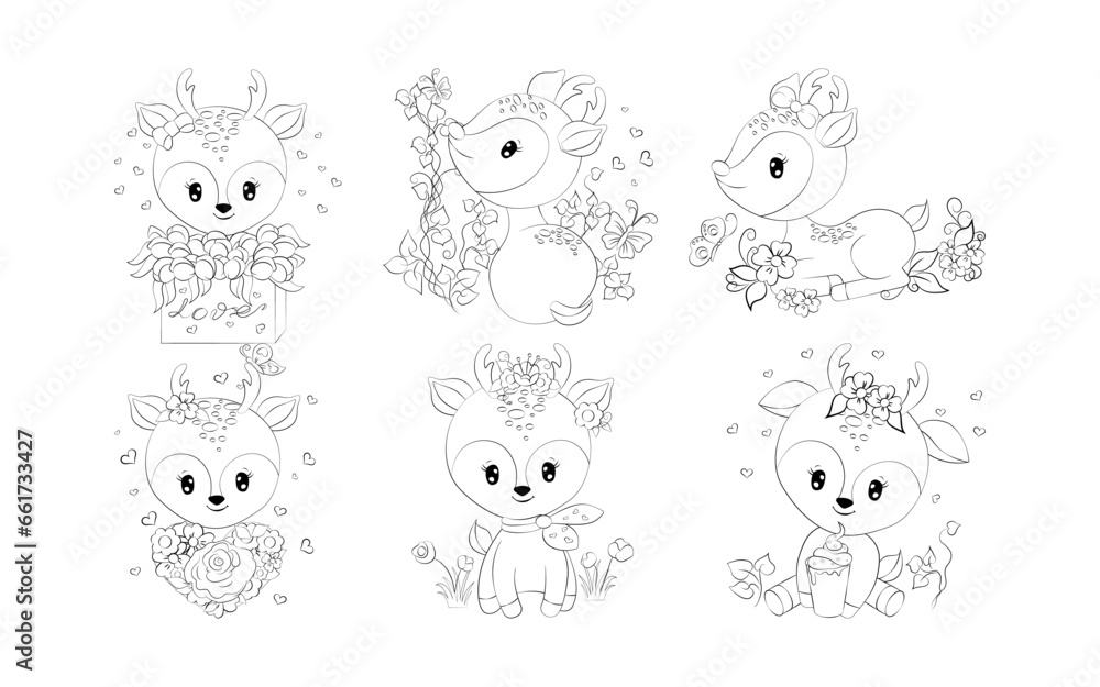 Set of Cartoon Isolated Deer Coloring Page. Collection of Cute Vector Cartoon Forest Animals Outline