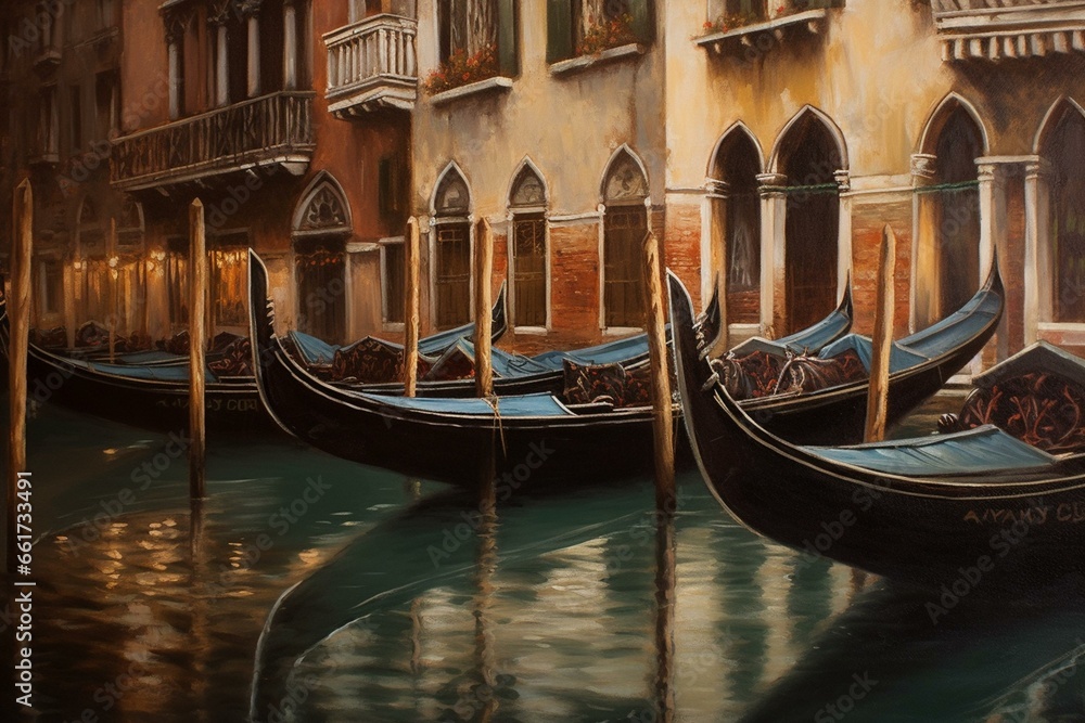 Oil painting replica of a scene featuring gondolas in Venice, Italy. Generative AI