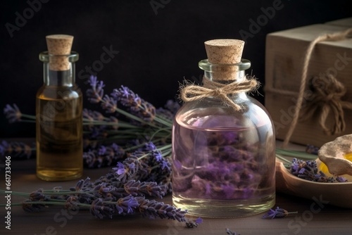 fragrant bottle and lavender flowers on the table. Generative AI