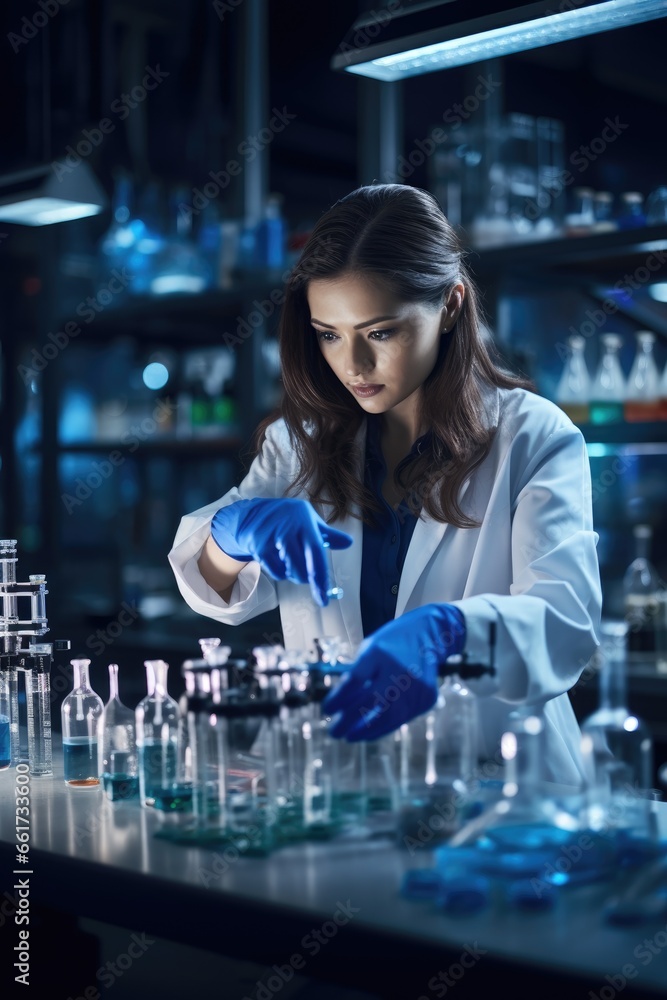 Female scientist working with microscope in laboratory. Medical research and development concept. Female scientist working with microscope in laboratory. Medical research and development concept.