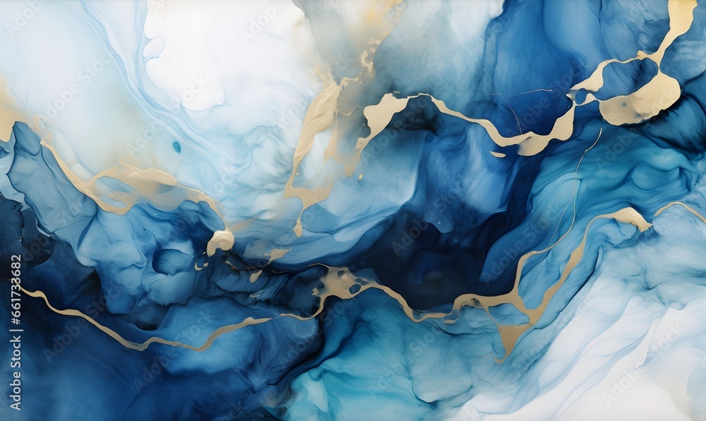 Blue ink waves and gold points, Generative AI