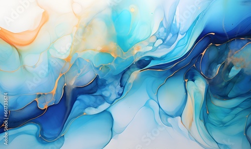 Blue ink waves and gold points, Generative AI