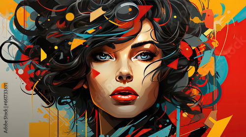 Colorful Oil Painting of A Beautiful Retro Fashionable Young Girl Portrait Abstract Background