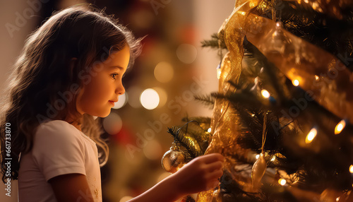 cute little girl decorating the Christmas tree in the evening with a garland and balls © terra.incognita