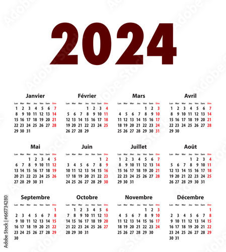 French Calendar grid bold digits for 2024. MF