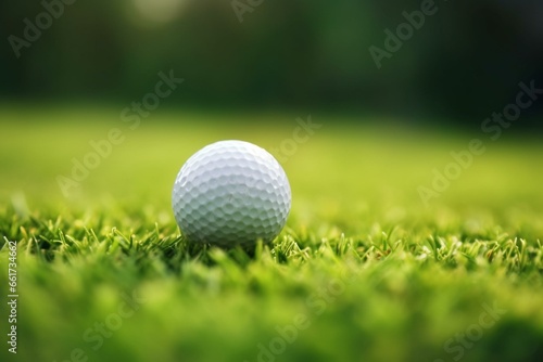 Close up of golf ball on green in golf course. Sport background. Generative AI
