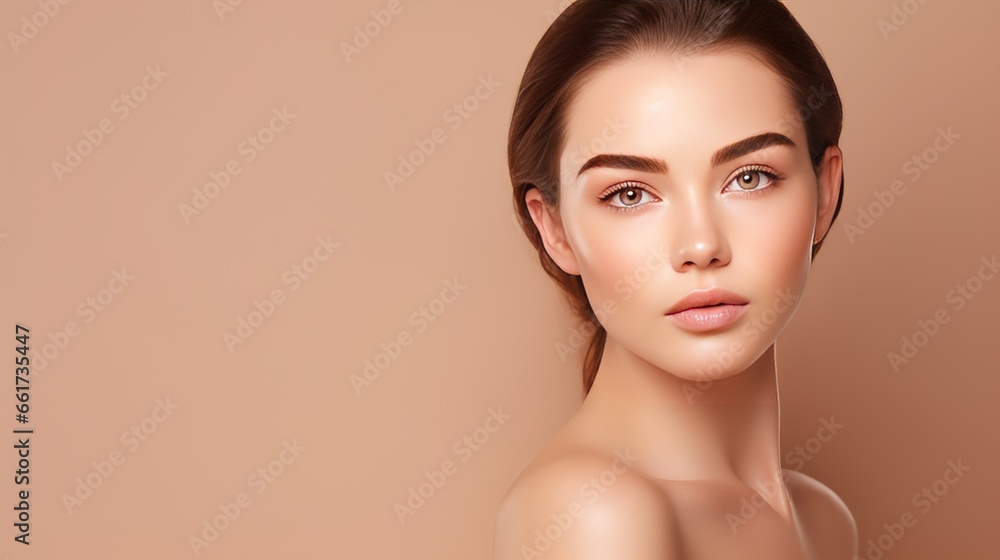 Portrait of a beautiful smiling young woman with perfect shiny skin and bare shoulders on beige background. Beautiful natural woman looking at camera. Spa, skincare and wellness concept. Portrait of a beautiful smiling young woman with perfect shiny skin and bare shoulders on beige background. Beautiful natural woman looking at camera. Spa, skincare and wellness concept.