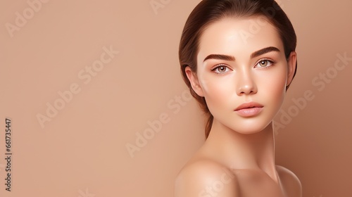 Portrait of a beautiful smiling young woman with perfect shiny skin and bare shoulders on beige background. Beautiful natural woman looking at camera. Spa, skincare and wellness concept.